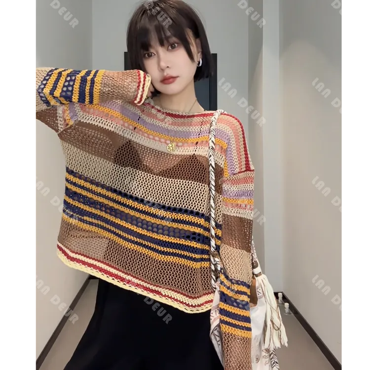 JIUJIU【花朝花暮】针织衫时尚镂空沙滩风天丝亚麻短款夏季防晒