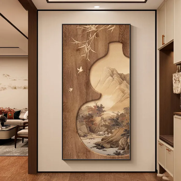 新中式玄关装饰画高级感入户正对门走廊过道挂画2025新款山水壁画