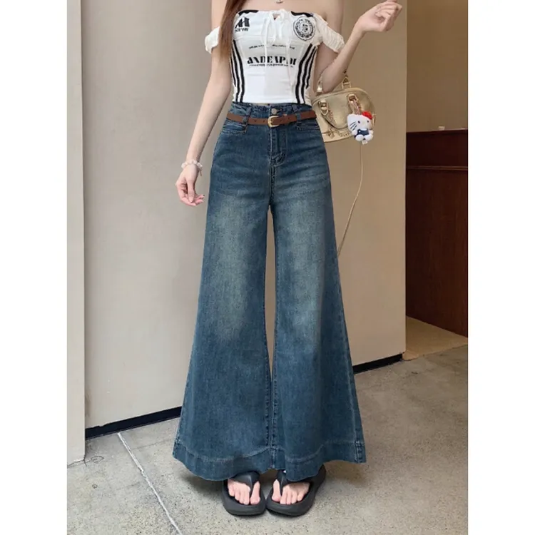 港味复古高腰不贴腿阔腿牛仔裤女秋季新款宽松显瘦A版喇叭长裤子