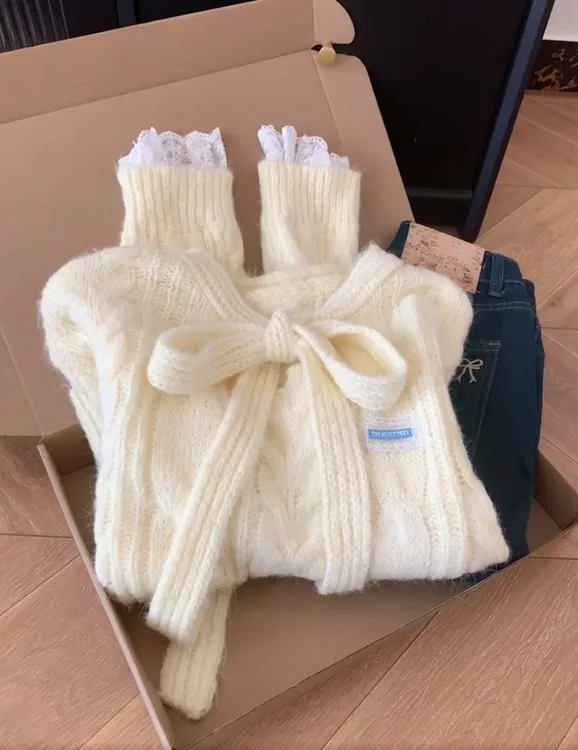 学院风蝴蝶结系带针织衫女冬季甜美洋气毛衣百搭外穿加厚保暖ins