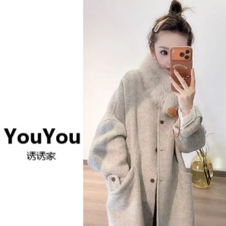 新款宽松气质呢外套狐狸毛领圆领长款羊毛大衣（不可机洗）