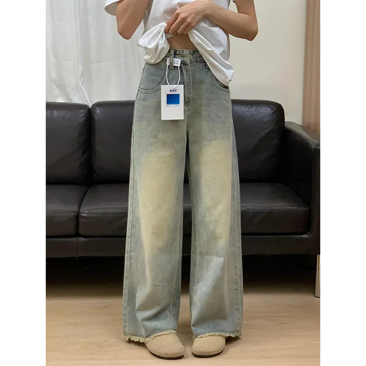 2-300斤大码美式复古毛边牛仔裤女胖mm腿粗屁股大显瘦宽松阔腿裤