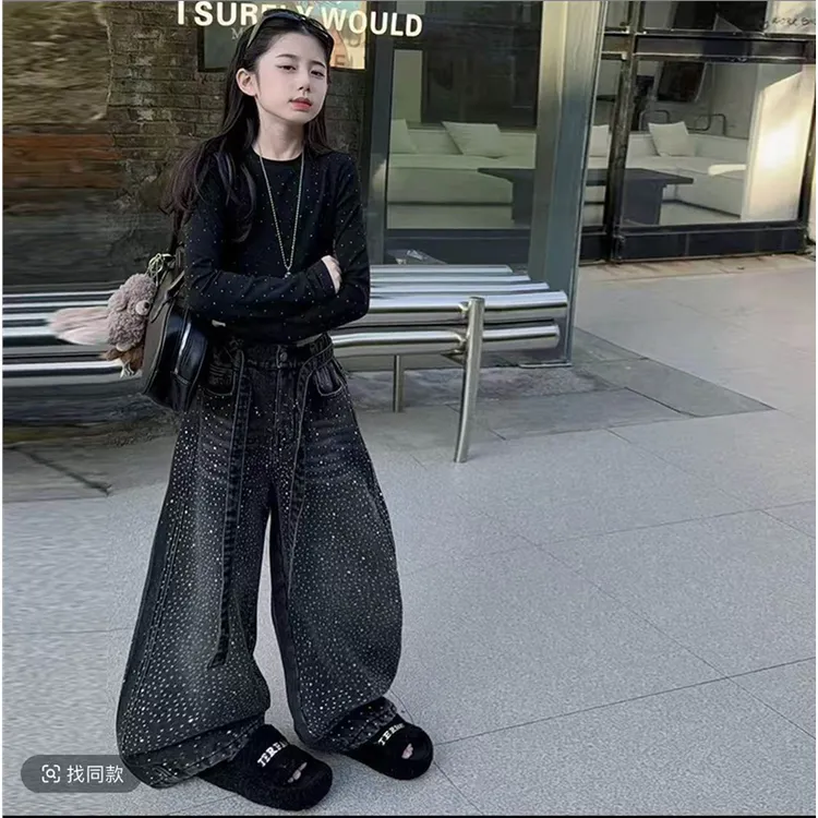 女童满天星上衣加绒加厚牛仔裤子两件套装2025秋冬装潮范