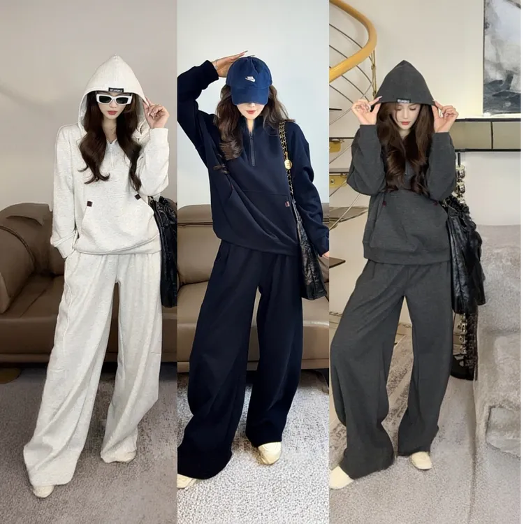 加厚秋冬连帽卫衣宽松显瘦老钱百搭阔腿休闲裤弯刀裤两件套装