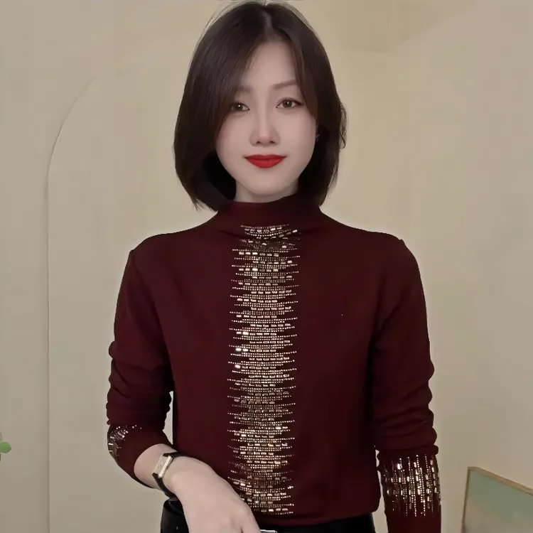 春秋新款半高领纯色百搭烫钻长袖休闲T恤气质女修身小衫妈妈装
