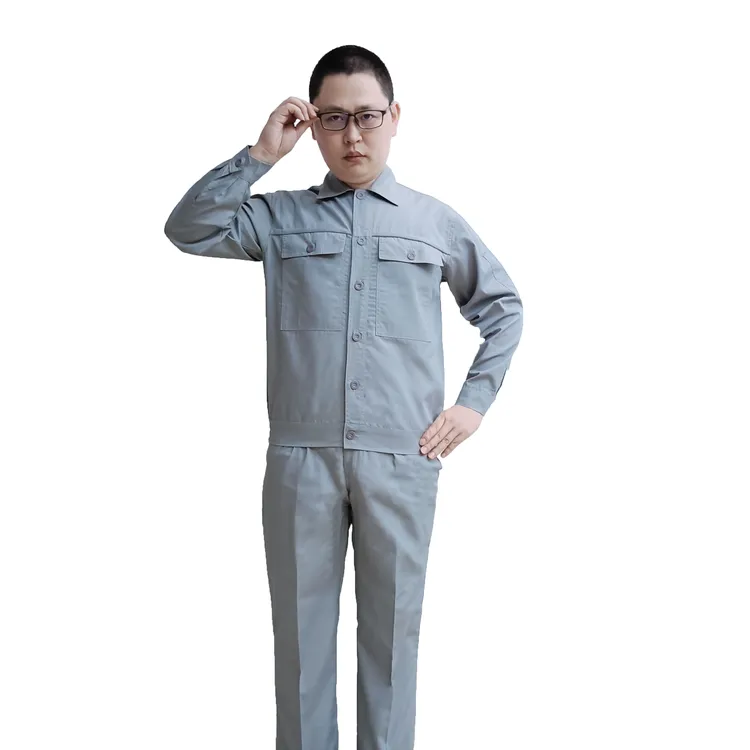 【浅灰色长袖】夏装涤棉工作服 薄款透气纽扣工装 耐磨职业装劳保服