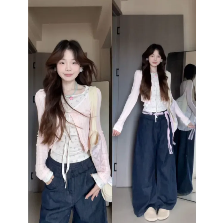韩系甜美碎花撞色修身假两件系带针织上衣开衫秋季修身上衣D700