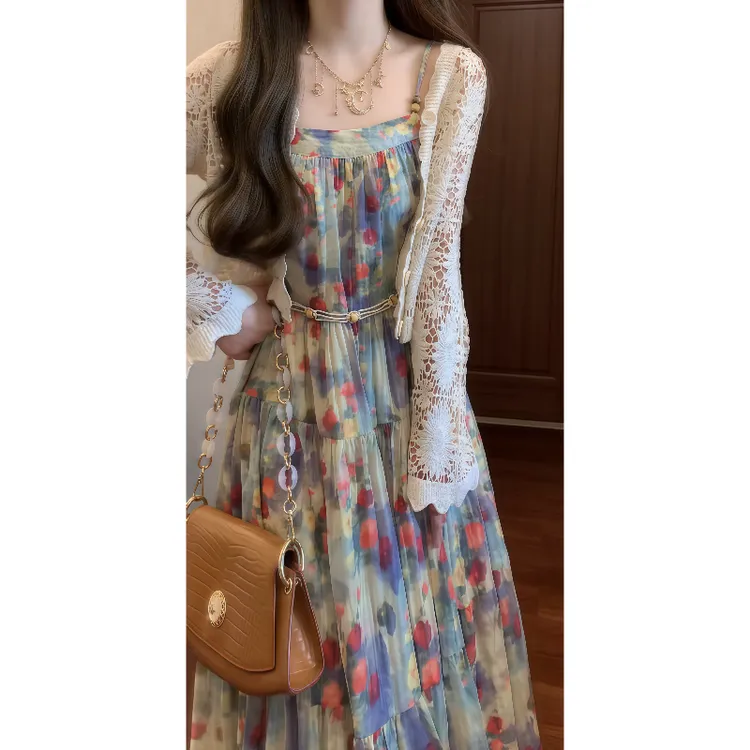 法式高级设计感油画印花碎花吊带连衣裙海边旅游度假风长裙9033