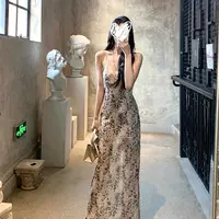 纯欲穿搭外穿性感豹纹吊带连衣裙女秋蕾丝拼接V领修身a字长裙7221