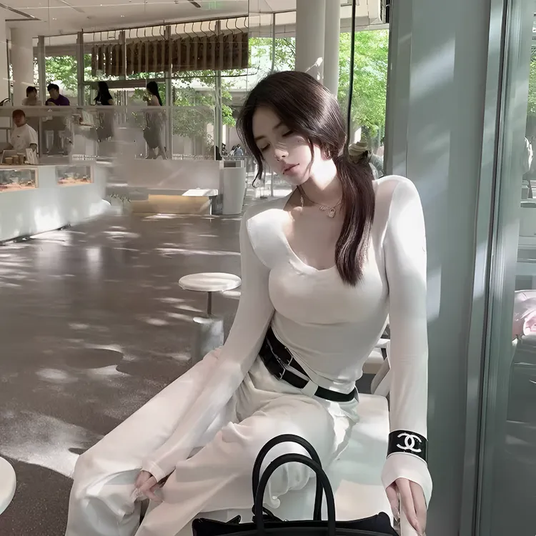 2025【天丝羊毛】美式辣妹风v领长袖t恤内搭修身显瘦短款收腰打底