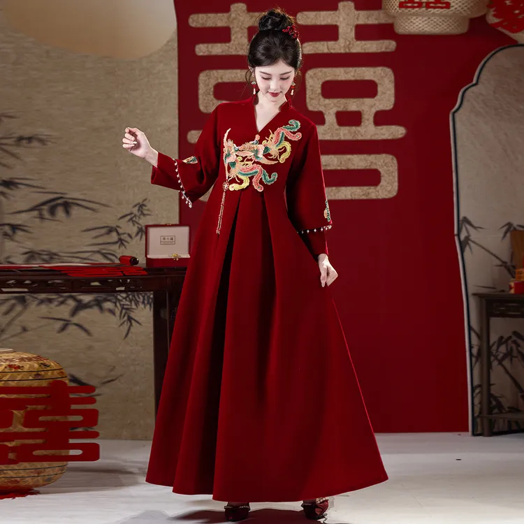 新中式红色孕妇敬酒服新娘结婚订婚礼服高端轻奢秋冬季长袖女长款
