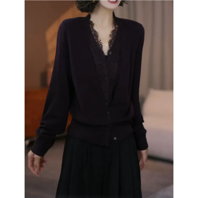 设计感假两件针织开衫女2025秋冬新款气质宽松显瘦蕾丝拼接毛衣衫