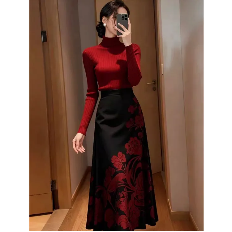 秋冬季新款女装复古轻熟风时尚气质的红色针织毛衣印花半身裙套装