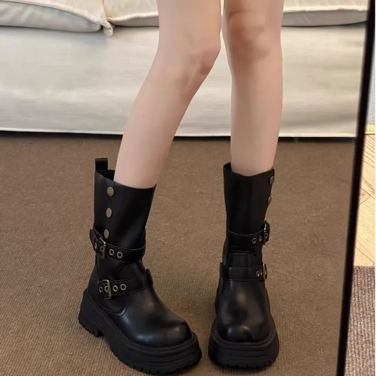 【万达撤柜】厚底美拉德中筒短靴女2025秋冬新款复古黑色加绒马丁靴