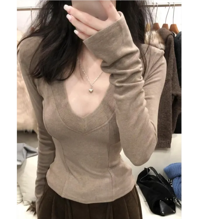 v领内搭打底衫女低领深v独特绝美小上衣修身性感收腰打底衣高级感