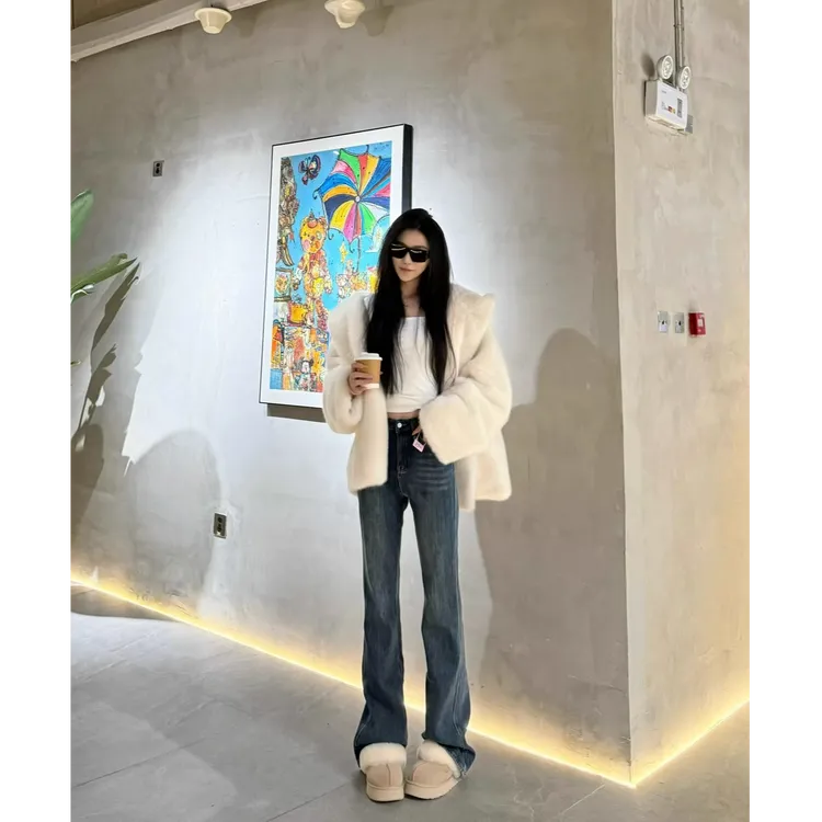 猫猫家加长女裤秋冬加绒加厚怀旧蓝窄版直筒牛仔裤女7711