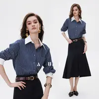 AUI职业通勤Polo领条纹衬衫女秋装高级感气质半裙套装25W050378