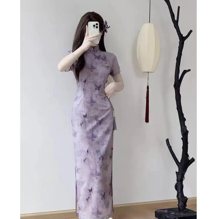 【一然】大码女装新中式改良紫色蝴蝶旗袍连衣裙年轻款少女11985