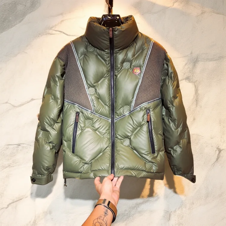 宾斯洛特绿色男士羽绒服冬季新款鸭绒无帽立领潮牌加厚保暖外套男