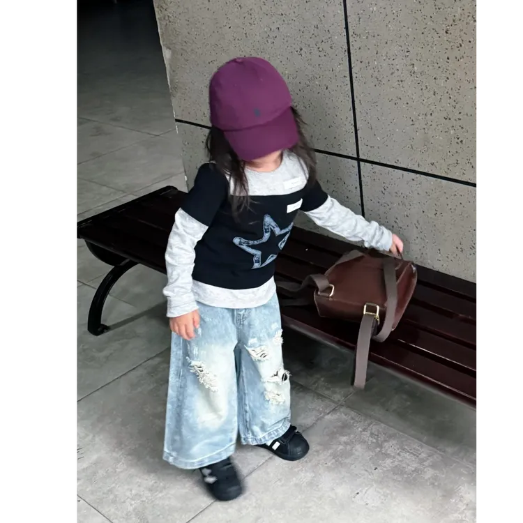 壹妈韩版童装女童秋季套装洋气儿童时髦两件套上衣蓝色破洞牛仔裤