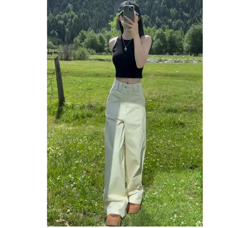 设计感高腰宽松阔腿显瘦直筒休闲裤子秋冬新款摩卡色阔腿工装裤女