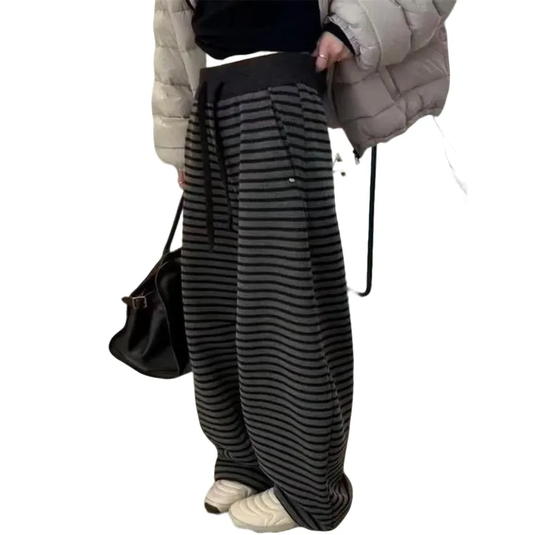 条纹加绒加厚休闲阔腿裤女冬季新款高腰显瘦小个子直筒长裤子