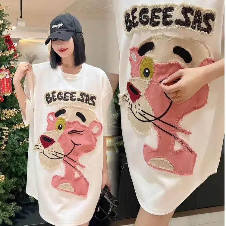 081洋气卡通贴布T恤宽松中长款大码半袖春季新款