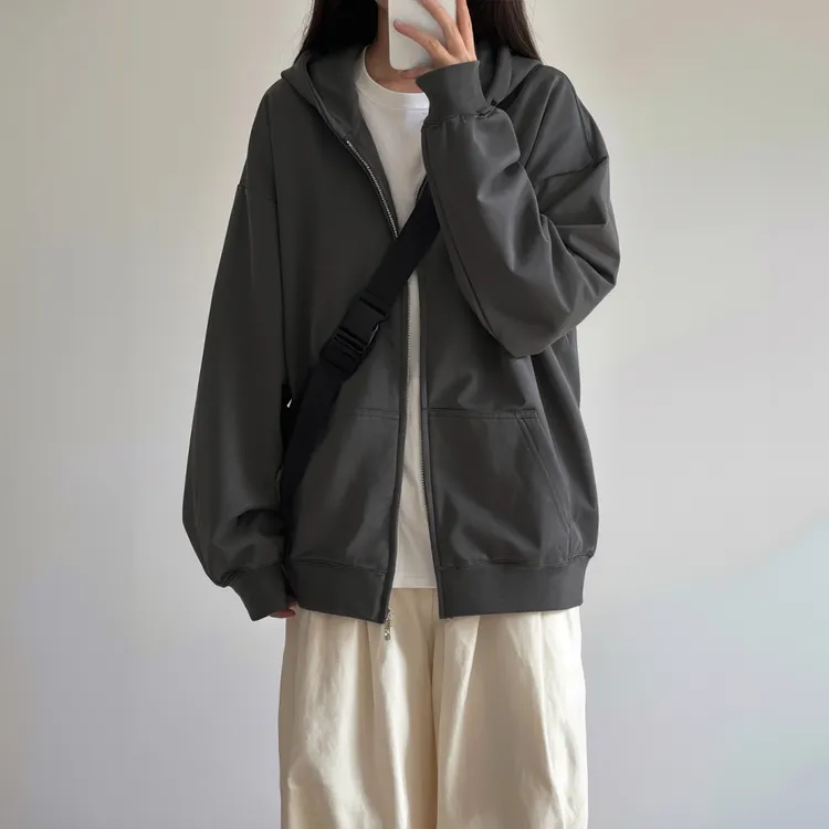 深灰色开衫外套新款2025女连帽卫衣巨好看开衫百搭松弛感早秋穿搭