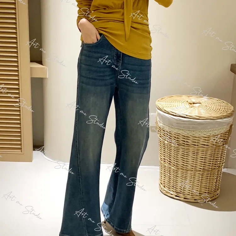 【ART ME】腿精磨毛薄绒高腰做旧渐变微喇细长直百搭牛仔裤w24530