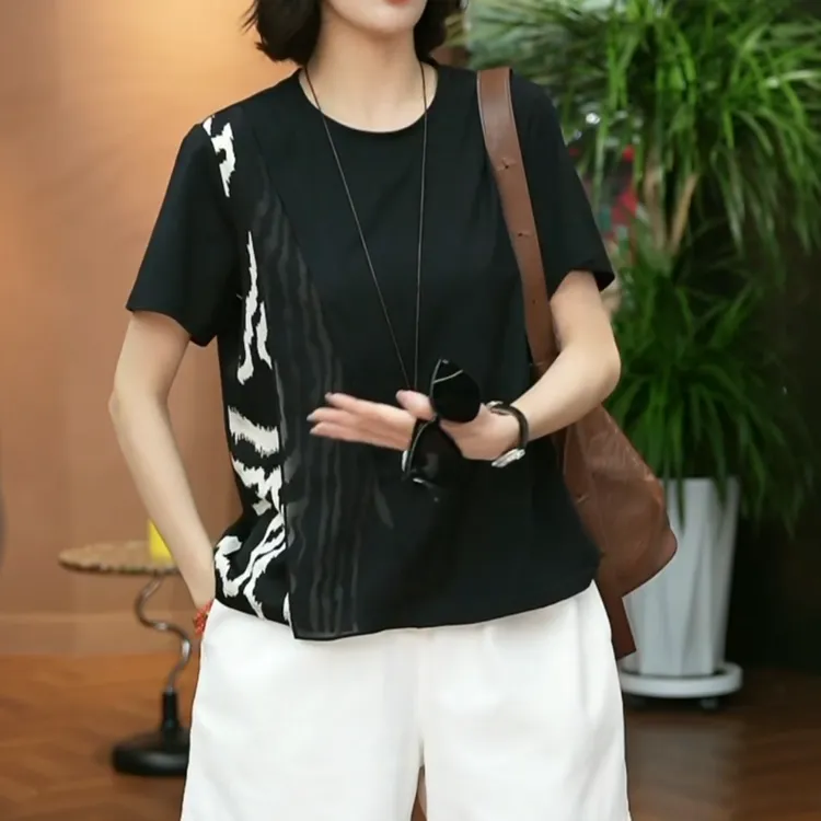 【花间影】夏季洋气衣服女气质时尚潮流设计感宽松T恤短袖LK2504709