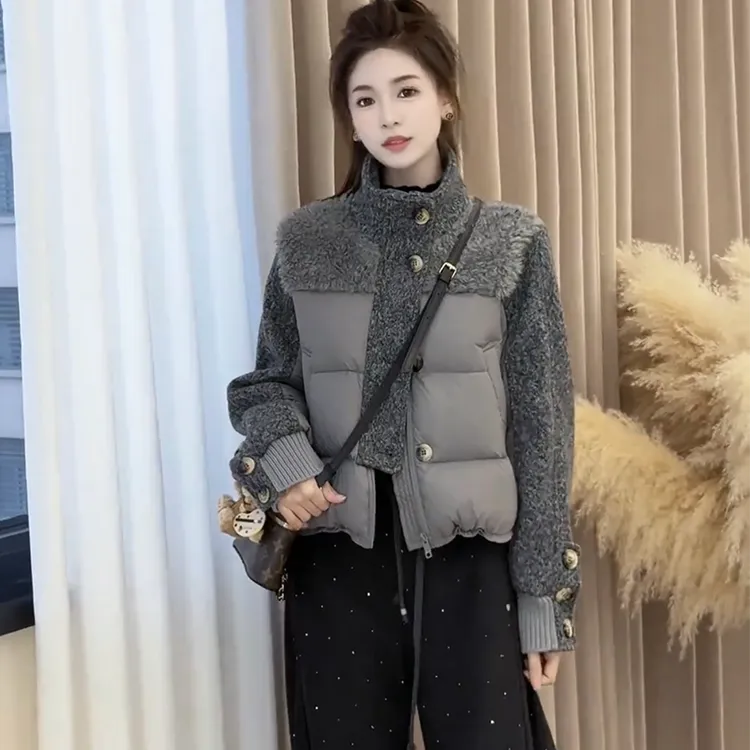 小香风拼接羊羔毛白鸭绒短款羽绒服女冬季新款时尚高级设计感外套