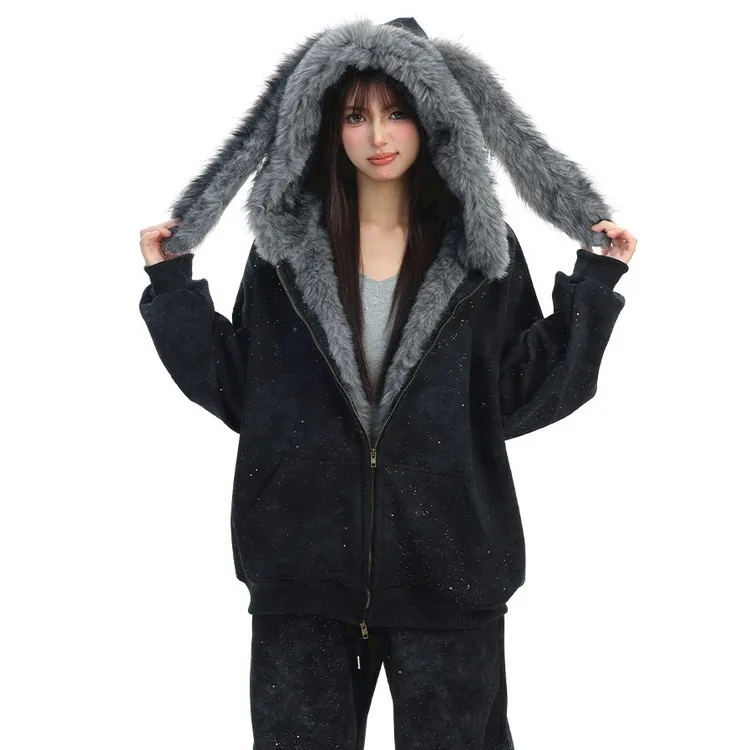 国潮牌满天星兔耳朵开衫连帽卫衣外套女秋冬款加绒宽松百搭#WY275