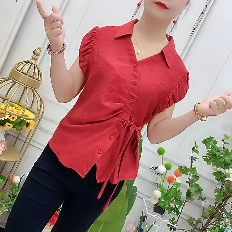 夏季新款时尚法式洋气不规则衬衫女时尚法式绑带收腰洋气百搭上衣