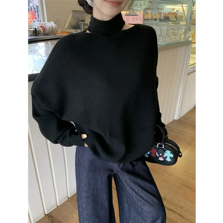 秋上新韩版气质挂脖露肩长袖内搭针织衫