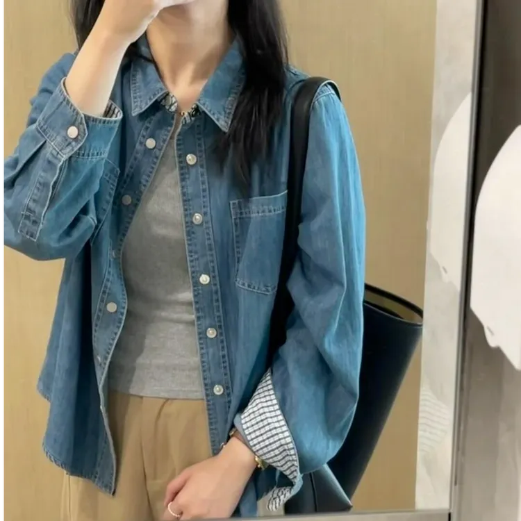 韩系复古长袖牛仔衬衫文艺宽松休闲袖口格子女衬衫潮流百搭外套