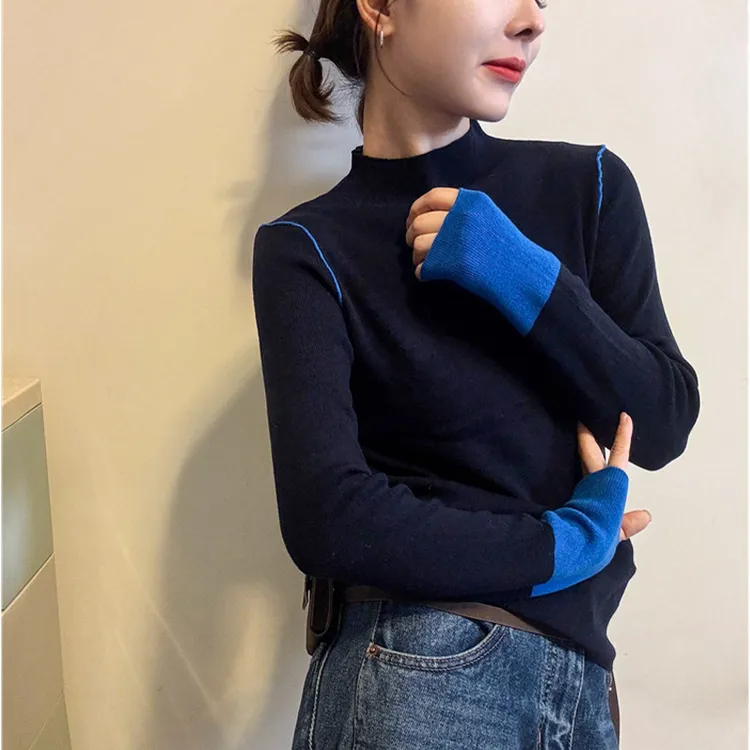 2025秋冬新款撞色半高领简约气质感针织衫女微胖妹妹显瘦百搭上衣