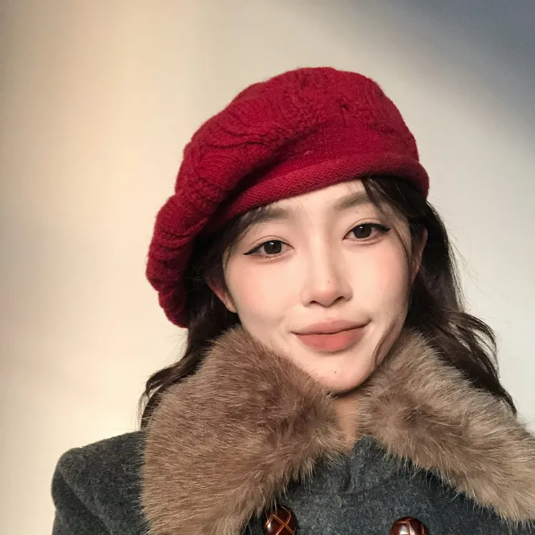 红色手工贝雷帽钩花立体花纹复古针织包头帽显脸小冬季毛线帽