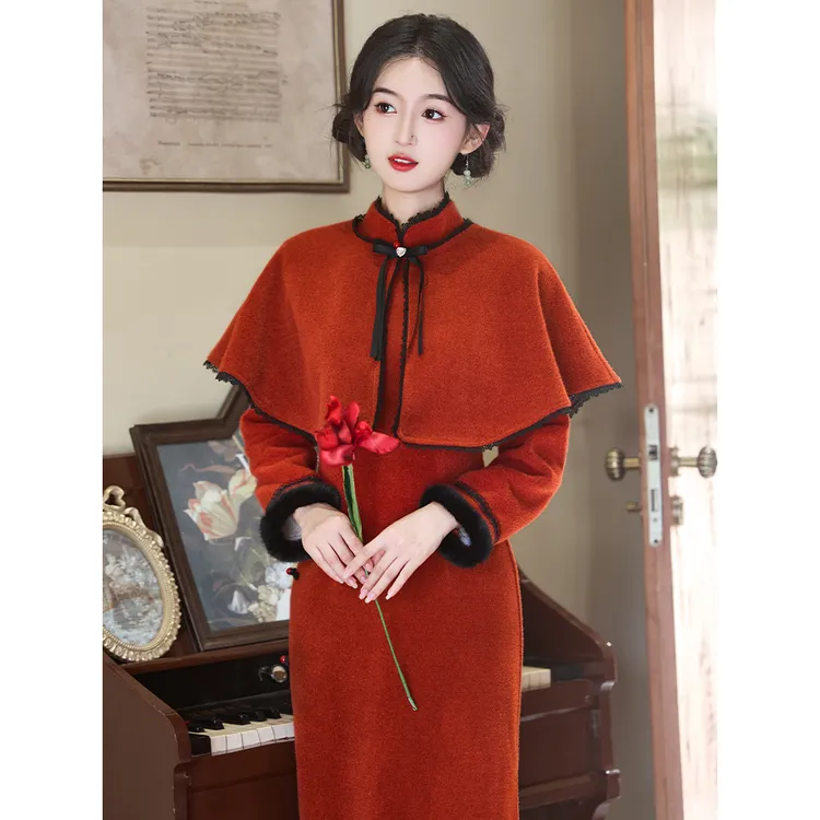 新中式橘色加绒旗袍女披肩斗篷两件套气质高级感订婚礼服新年战袍