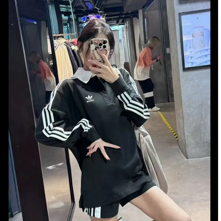 adidas三叶草ADICOLOR复古套头翻领柔软舒适休闲长袖POLO衫IZ4806