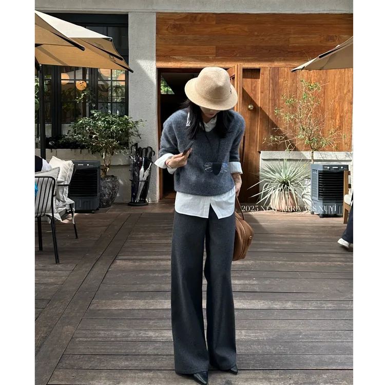 1/6【华尔街】冬季老钱美利奴羊毛拼缝直筒西裤休闲裤女