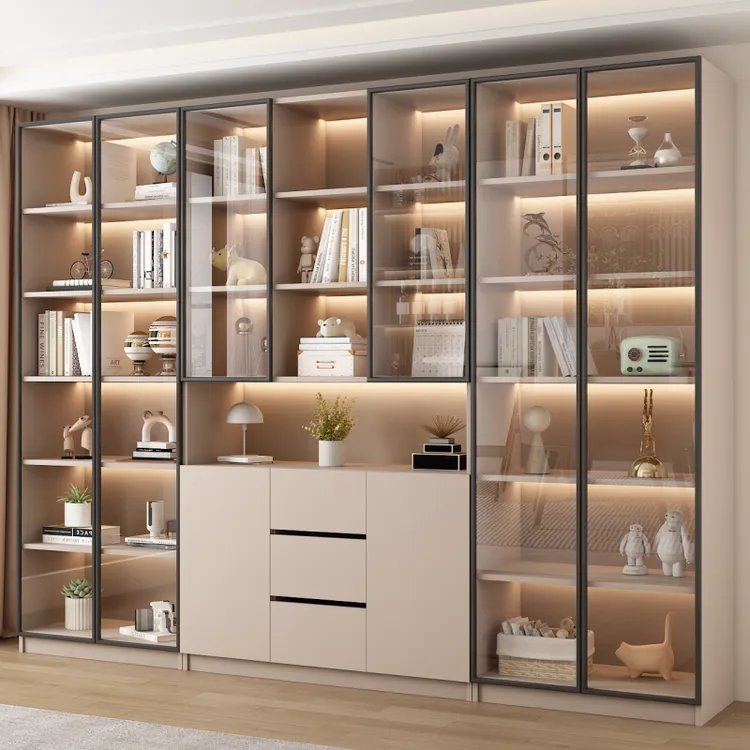 书柜储物柜一体靠墙家用书柜玻璃门书柜储物柜书架落地置物架书橱