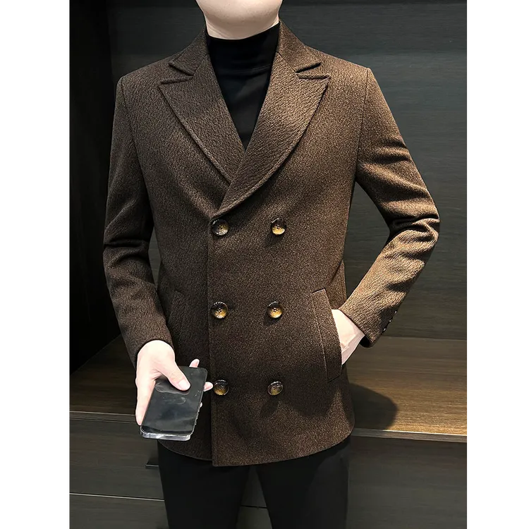 曼库帕娅毛呢大衣男士冬季加厚英伦风双排扣商务短款呢子西装外套