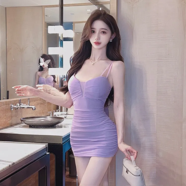 夜店纯欲性感低胸吊带辣妹紫色连衣裙小个子收腰气质夜场包臀短裙