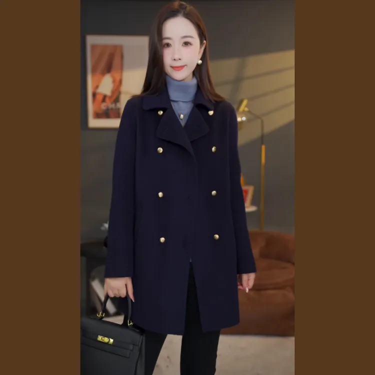【杨杨专属】曼贝秋冬新款高端百搭长袖双面羊绒大衣8584414海军蓝