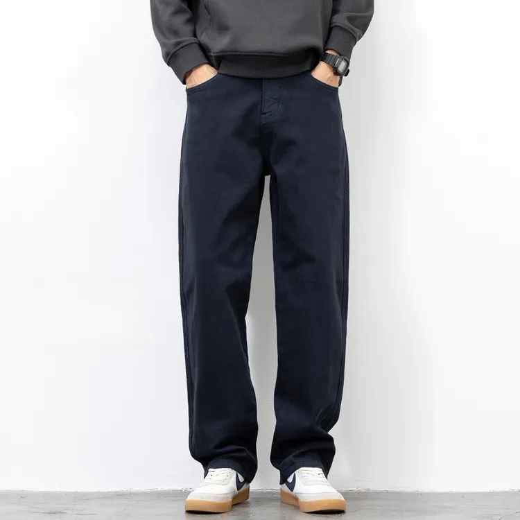 高端藏青色牛仔裤男直筒宽松潮流高级弹力长裤大码秋冬款休闲裤子