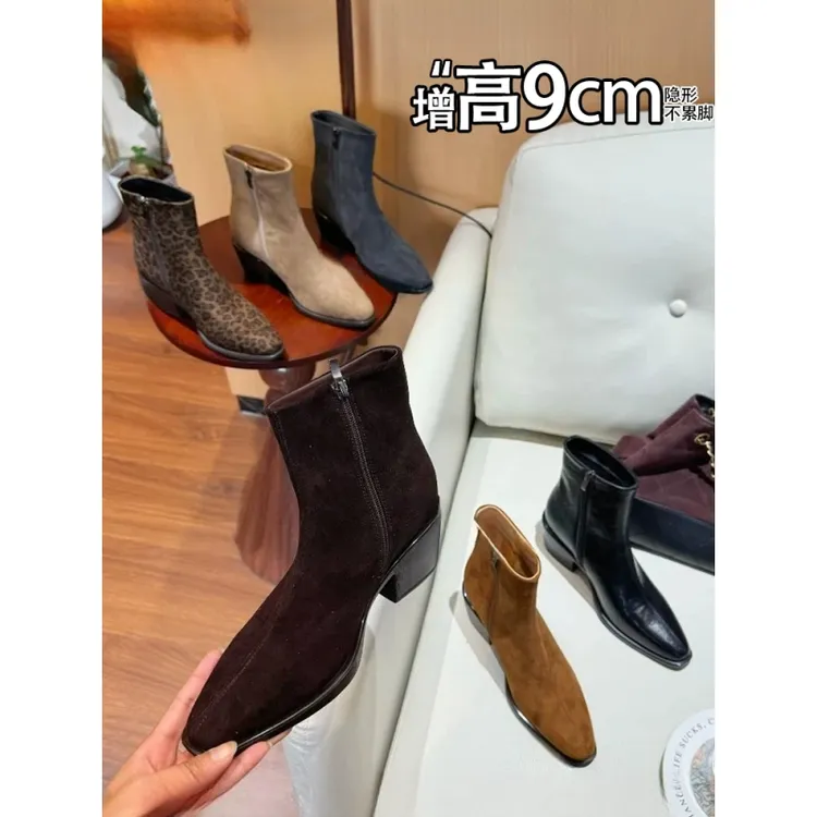 不累脚！增高9CM粗跟短靴女2025新款豹纹瘦瘦靴尖头侧拉链时装靴