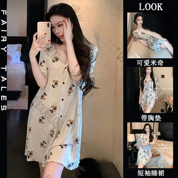 韩版卡通米奇纯欲中长款睡裙女带胸垫夏季开衫薄款家居服短袖睡裙