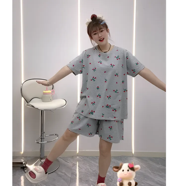 夏季纯棉短袖短裤女士睡衣套装爱心薄款大码胖MM家居服韩版学生