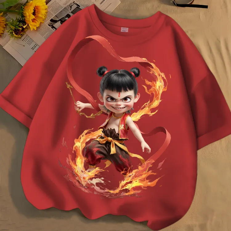 可爱魔丸哪吒卡通夏季新款男女中大儿童短袖t恤纯棉圆领宽松上衣