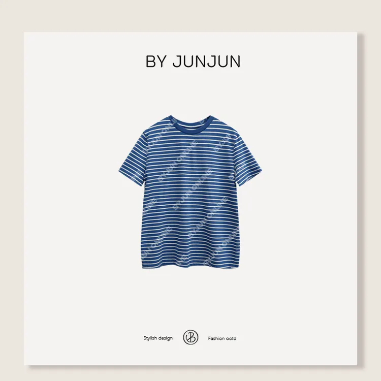 ByJunjun【旧时光】洗水条纹短袖T恤显瘦百搭圆领半袖C25T11601